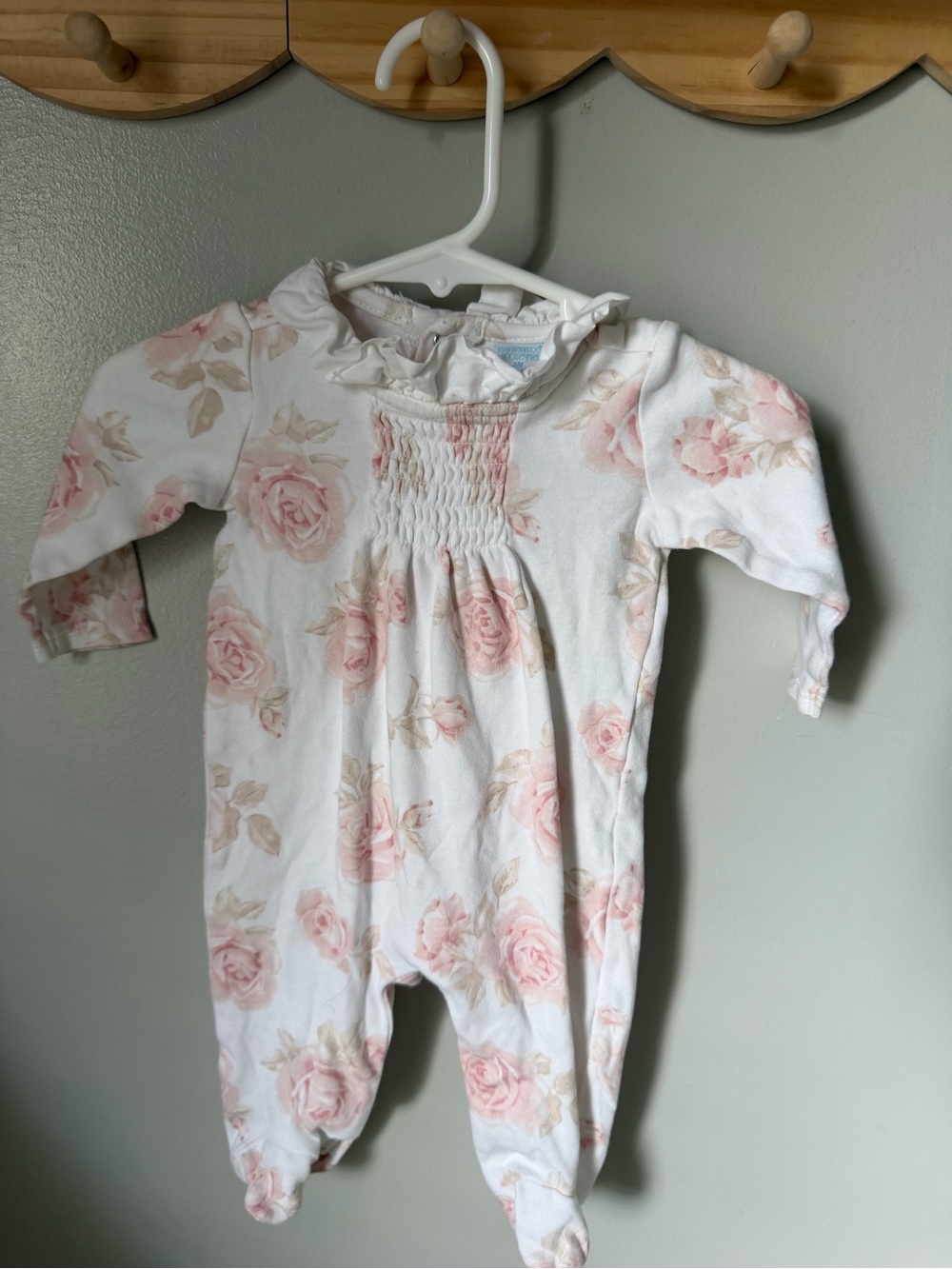 Edgehill Collection Girls 0-3M Pink White Floral Smocked Ruffle Footed One-Piece